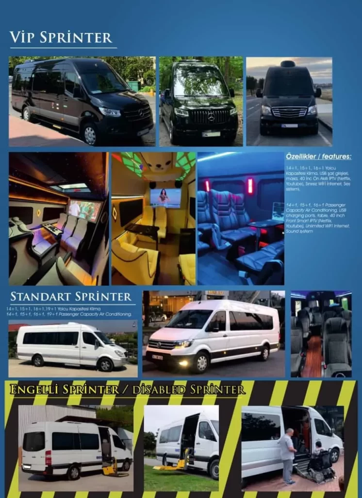 APNAPAN Seyahat Acentası olarak, misafirlerimize unutulmaz ve lüks bir seyahat deneyimi sunma hedefimizi iç dizaynlı VIP Sprinter 15 kişilik aracımızla bir adım daha ileri taşıyoruz. Özgün tasarımı, geniş iç mekanı ve son teknoloji özellikleri ile bu araç, kültürel turlar, havalimanı transferleri, organizasyon fuarları ve sanatçı konser işleri gibi birçok alanda beklentilerin ötesinde bir hizmet sunuyor.

İç Dizayn ve Konfor:

VIP Sprinter aracımız, iç mekan tasarımında zarafet ve konforu birleştirir.

Özel Tasarım Koltuklar: 15 kişiye kadar konuk için ergonomik ve lüks koltuklar.

Geniş İç Mekan: Rahatça hareket etmeniz için geniş ve ferah iç mekan.

Lüks Malzemeler: Deri kaplamalar, ahşap detaylar ve özel aydınlatma unsurları ile şıklığı yaşayın.

Teknoloji ve Eğlence:

Entegre Ses ve Görüntü Sistemi: Yüksek kaliteli ses sistemi ve geniş ekran TV ile yolculuğunuzu daha keyifli hale getirin.

Kablosuz İnternet Bağlantısı: Her zaman bağlı kalın, iş veya eğlence için sürekli internet erişimi.

Güvenlik ve Gizlilik:

Özel Cam Filmi ve Perdeler: Gizliliğinizi korumak için özel cam filmi ve perdeler.

Gelişmiş Güvenlik Sistemleri: Yolculuğunuz boyunca güvende olmanız için en son güvenlik teknolojileri.

Hizmetlerimiz:

APNAPAN Seyahat Acentası olarak, VIP Sprinter aracımızla birlikte çeşitli hizmetler sunuyoruz:

Kültürel Turlar: Tarih ve kültür dolu turlarımızla unutulmaz anılar biriktirin.

Firma Misafirleri İçin Özel Hizmetler: İş ortaklarınızı ve misafirlerinizi lüks bir şekilde ağırlayın.

Havalimanı Transferleri: Hızlı, konforlu ve güvenli transfer hizmetleri.

Organizasyon Fuarları ve İş Gezileri: Profesyonel organizasyon ve koordinasyonla etkinliklerinizi planlayın.

Sanatçı Konser İşleri: Sanatçılar ve konser organizasyonları için kapsamlı destek.

Bizimle Yolculuğa Çıkın:

APNAPAN Seyahat Acentası olarak, her yolculuğunuzu unutulmaz kılmak için buradayız. İster iş, ister eğlence olsun, Sprinter 15 kişilik aracımız ve profesyonel ekibimizle sizleri ağırlamaktan memnuniyet duyarız. İstediğiniz anı yaşamak ve özel bir deneyim için bize ulaşın!

Seyahat etmenin yeni bir anlamını keşfedin, APNAPAN Seyahat Acentası ile yola çıkın!

Seyahat etmenin yeni bir anlamını keşfedin! Bizleri sosyal medya  YOUTUBE ve Twitter ve İnstagram Sayfalarımızdan da takip edebilirsiniz.